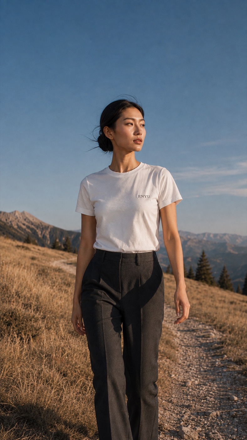 Styled view of the white ENYU Tee